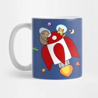 Rocket Ship Sloth and Tabby Cat Mug